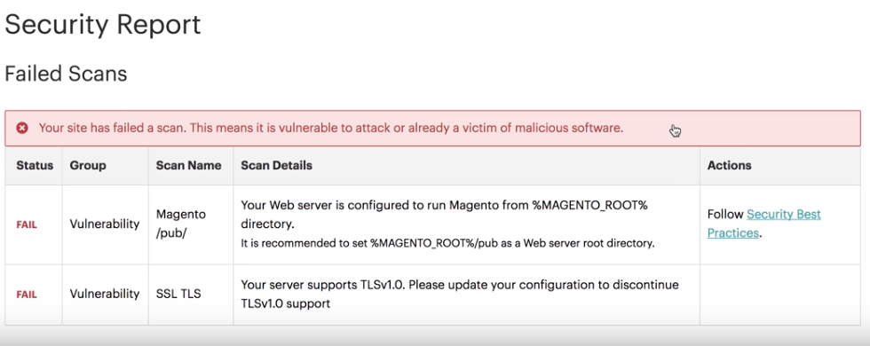 Failed Magento Security Scan results and recommended actions